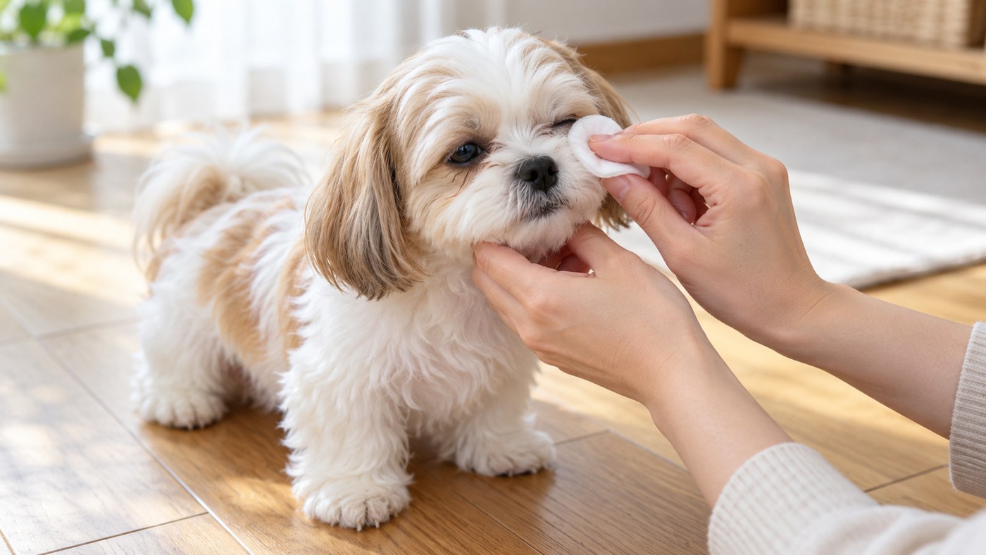 明るいリビングの木の床で、人の手が白いコットンを、白地に金色のぶちの長い毛の犬の目もとに当てているイメージ絵