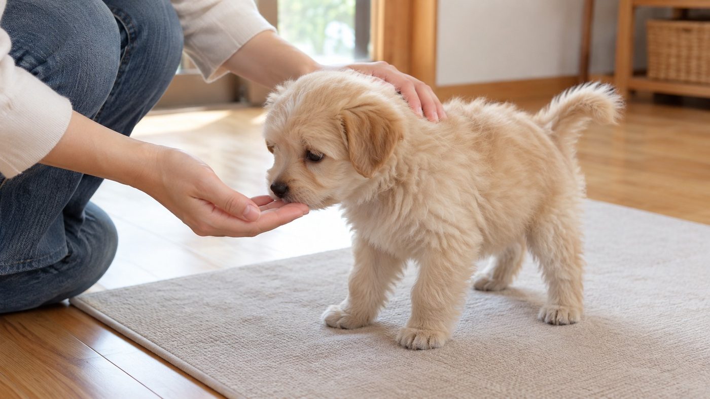 明るい部屋の床のマットの上で、しゃがんだ人の手に鼻を近づけている、ふわふわの小型犬の子犬の写真。人は手と膝だけが写っている