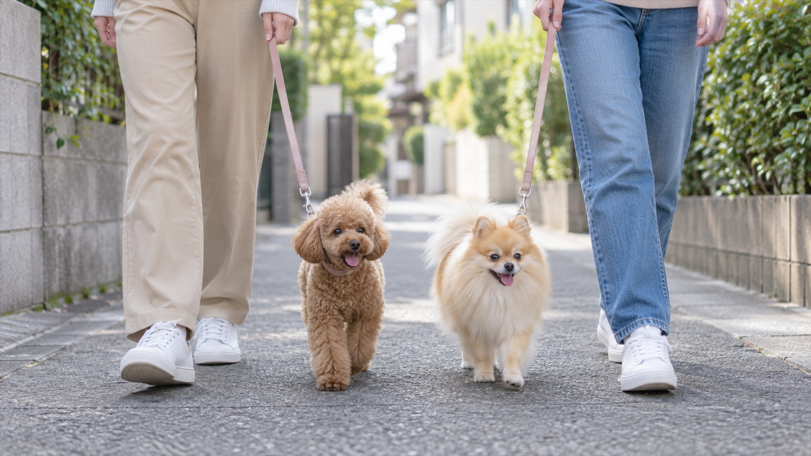 住宅街の歩道で、同じ長さのリードを付けたトイプードルとポメラニアンを2人の人がそれぞれ持ち、少し間をあけて並んで歩いている足元の写真