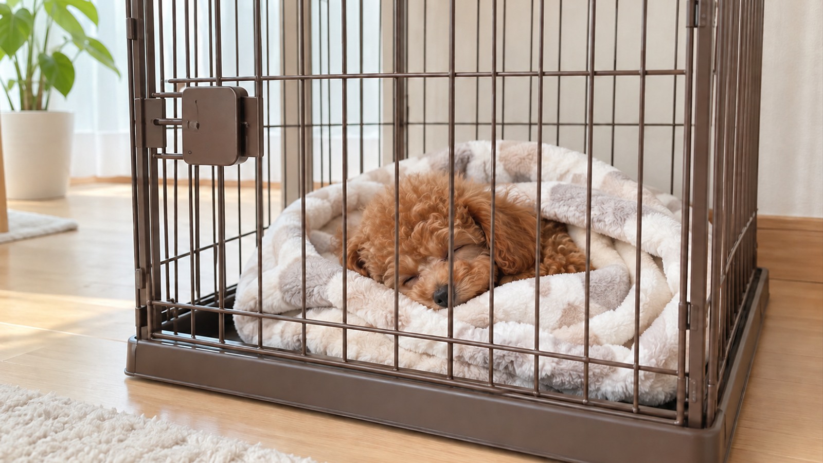 扉を閉じたケージの中で、毛布にくるまって眠っているトイプードルの子犬の写真