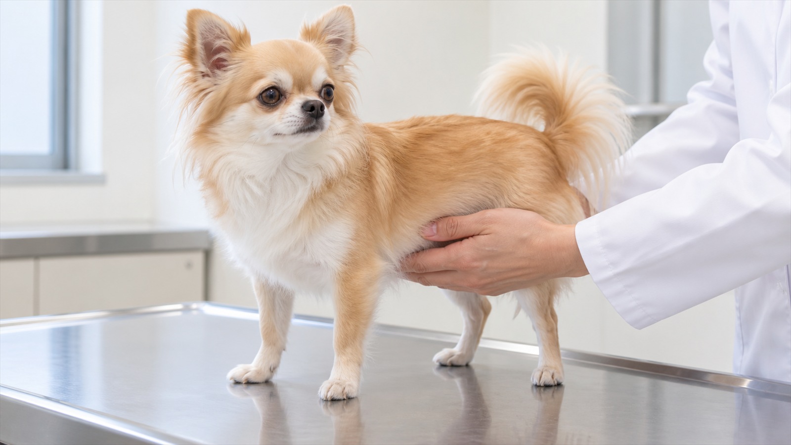 動物病院の診察台の上に立っているチワワのおなかに、白衣を着た人の手がそっと添えられている写真