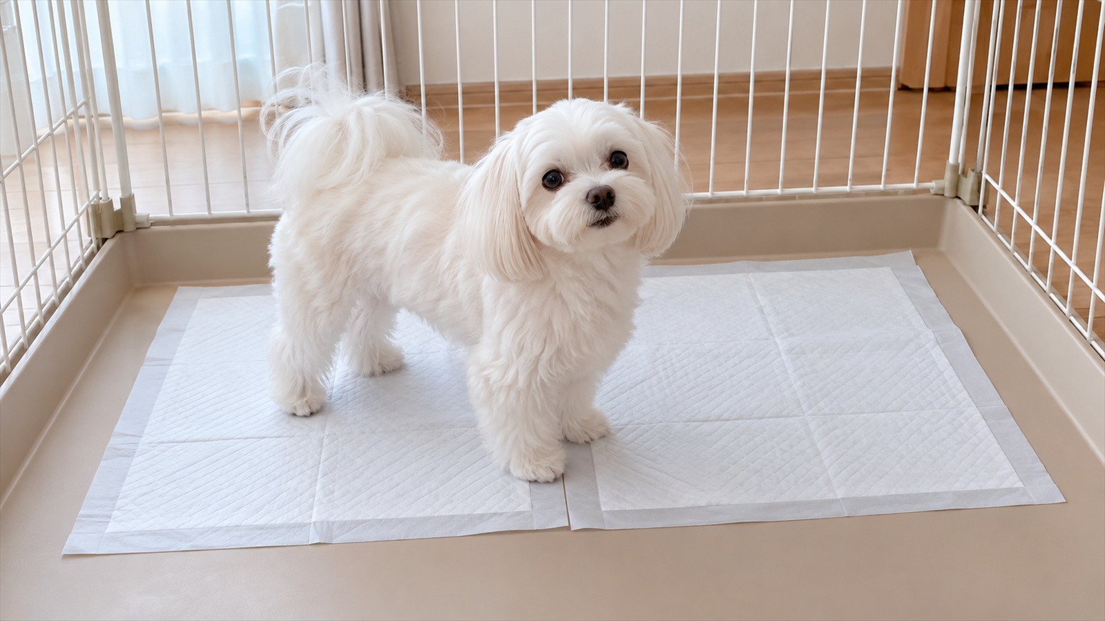サークルの中で、床の半分ほどに広く敷かれた2枚のトイレシートの上に立っている白いマルチーズの写真