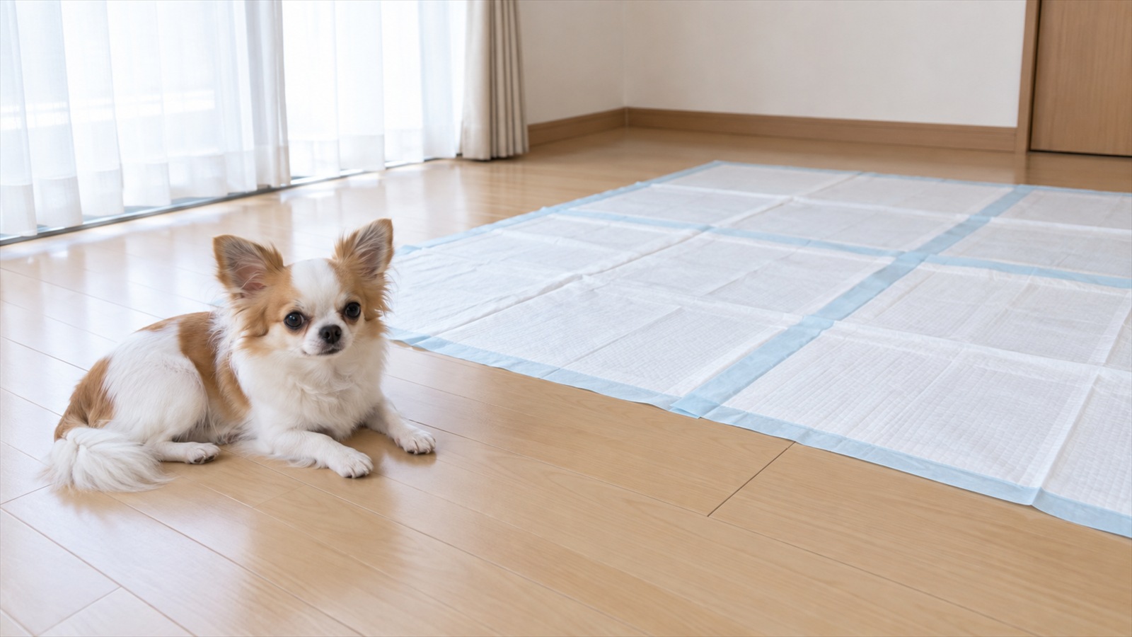 誰もいない部屋で、広く敷かれたトイレシートのそばに伏せて留守番をしている白と茶色のチワワの写真