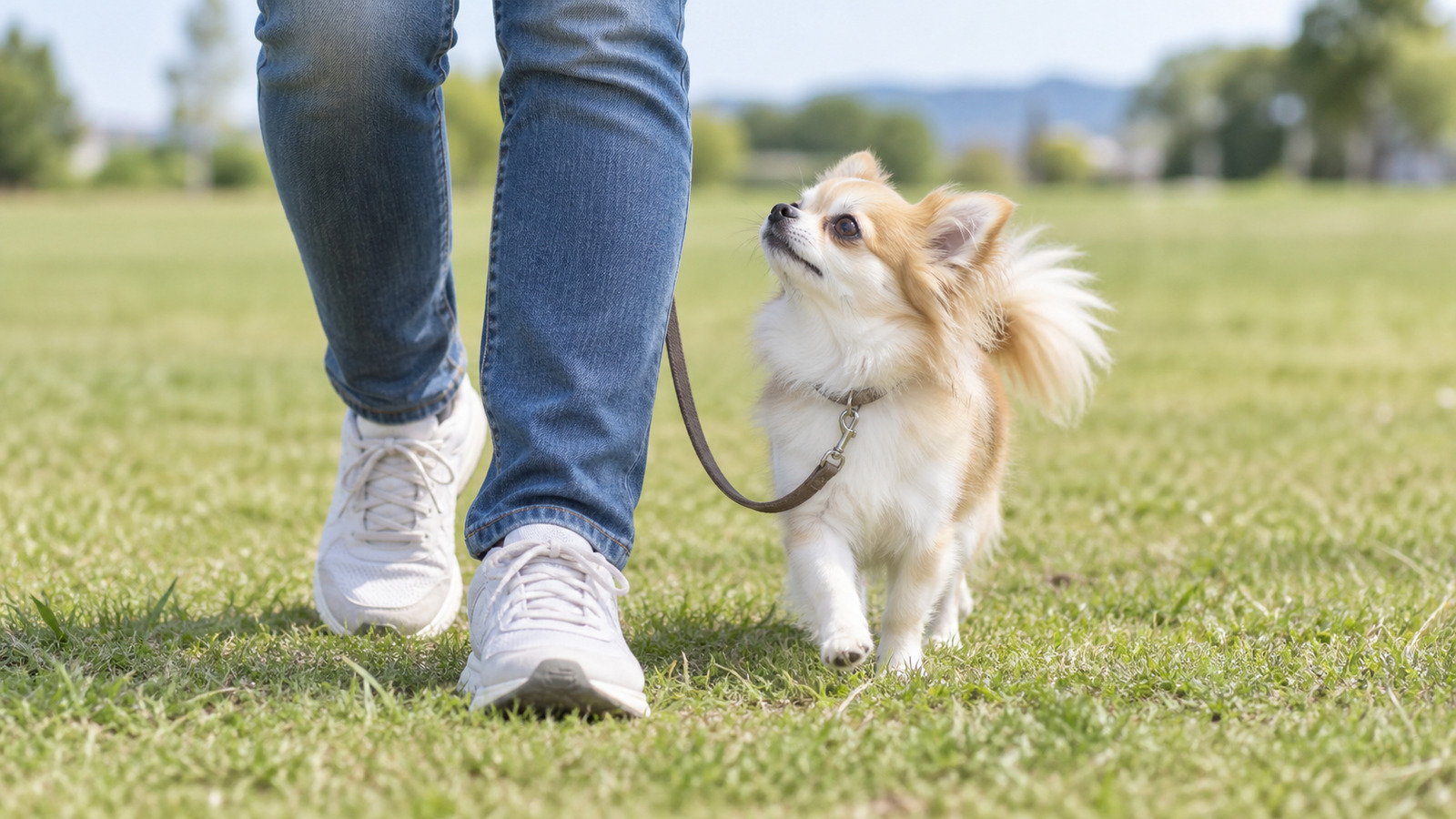 芝生の広場で、たるんだリードを付けたロングコートチワワが、歩いている飼い主の左足のすぐ横を見上げながら並んで歩いている写真。人は膝から下だけが写っている