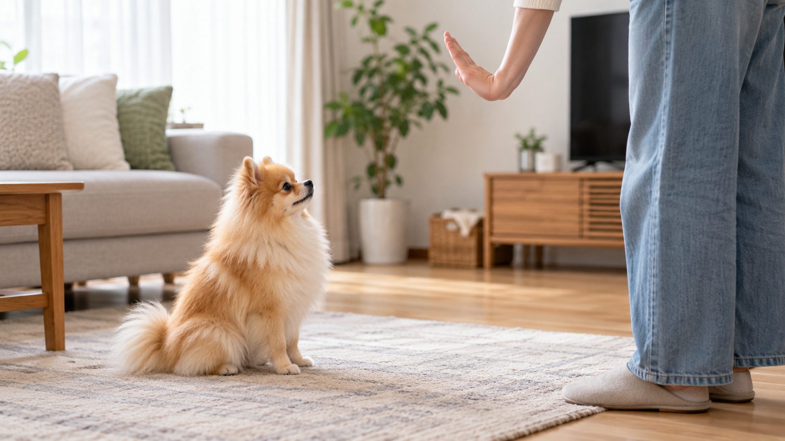 リビングの床で、飼い主が数歩離れて手のひらを向けて立ち、その先でポメラニアンがおすわりをしたまま飼い主を見て待っている写真。人は手と腰から下だけが写っていて、顔は写っていない