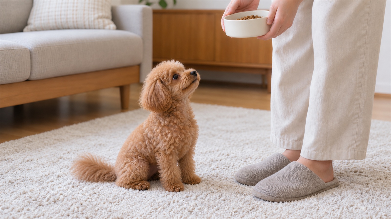 リビングのラグの上で、ごはんの器を持った人の足元に、アプリコットのトイプードルの子犬がおすわりをして見上げている写真。人は膝から下と手元だけが写っている