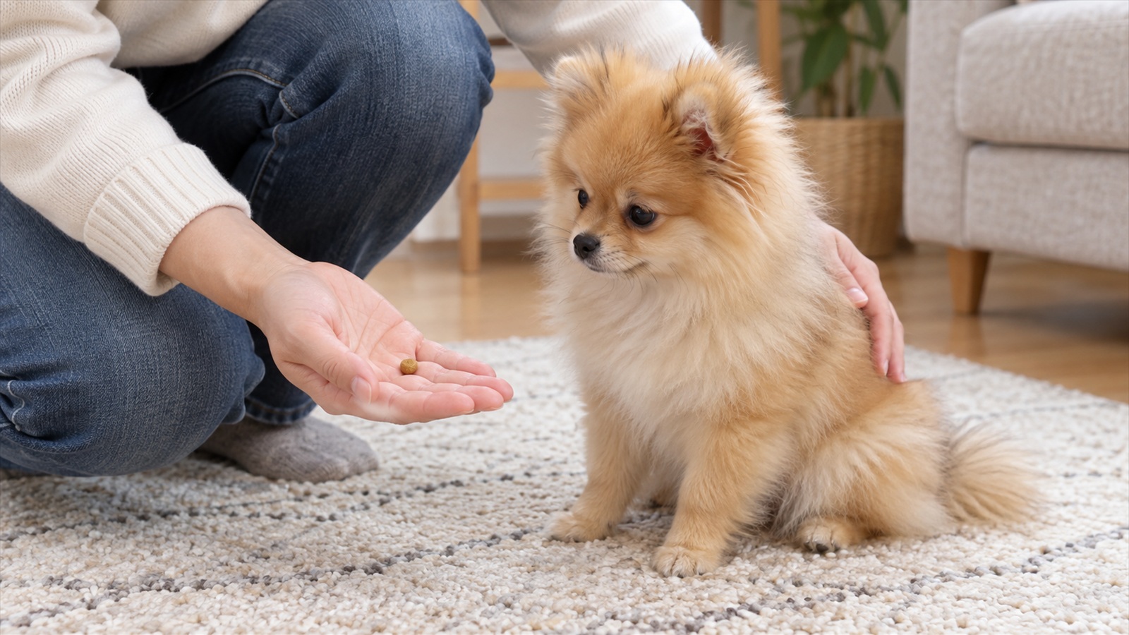 ラグの上で、しゃがんだ人がポメラニアンの子犬の背中に片手をそっと当て、もう一方の手のひらに小さなおやつをのせている手元の写真。子犬は力を抜いて座っている