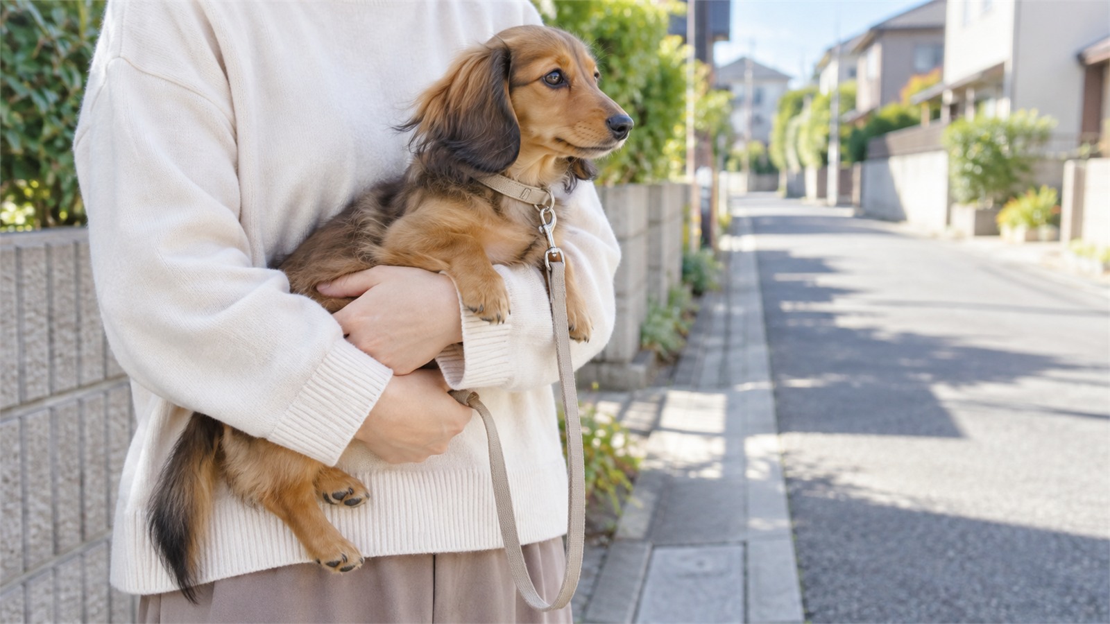住宅街の歩道で、飼い主の腕に抱かれたミニチュアダックスフンドの子犬が、落ち着いて通りのほうを見ている写真。抱いている人は胸から下だけが写っている