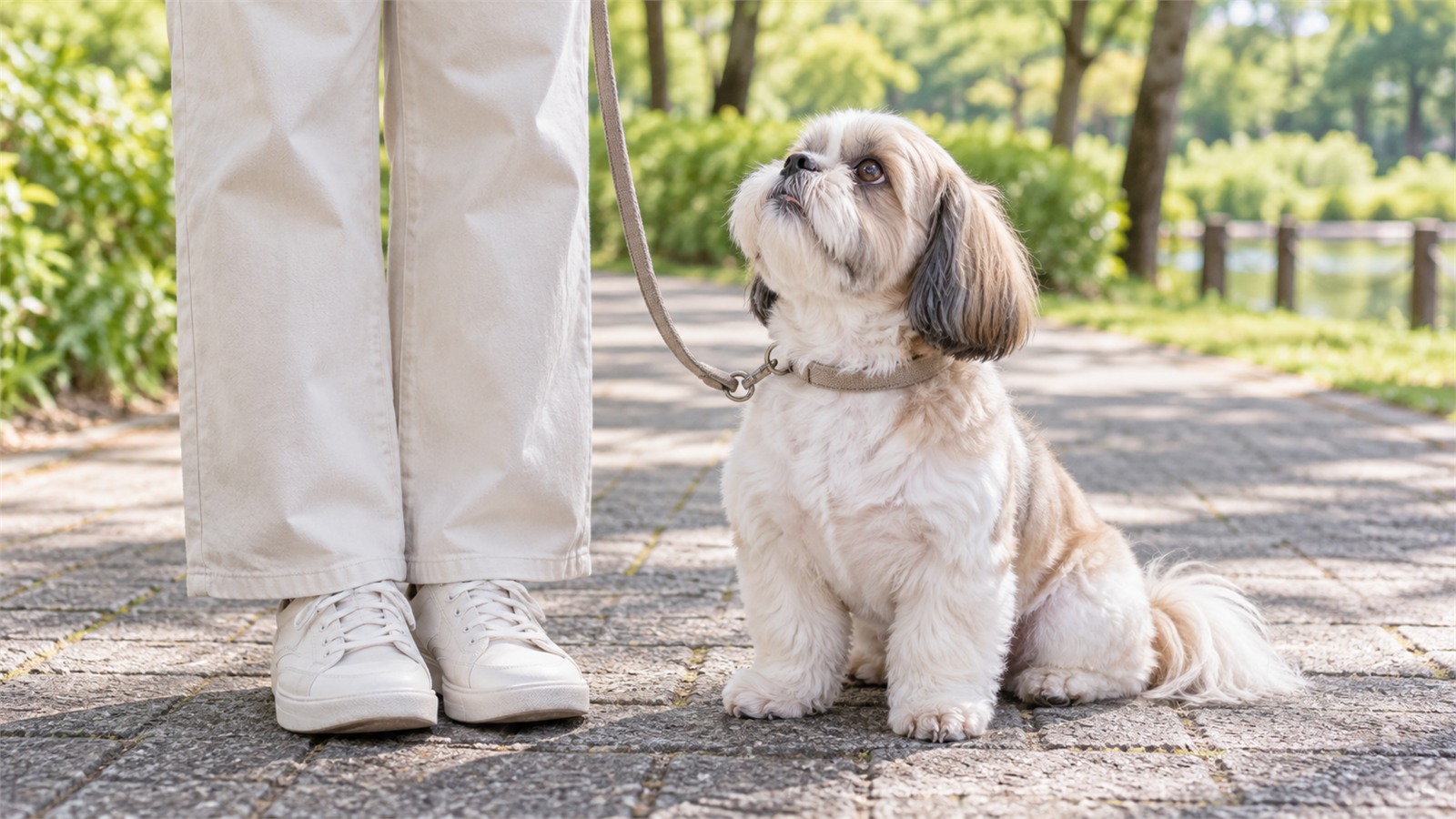 公園の舗装された道で、リードを付けた成犬のシーズーが飼い主の足元の横でおすわりをして見上げている写真。人は膝から下だけが写っている