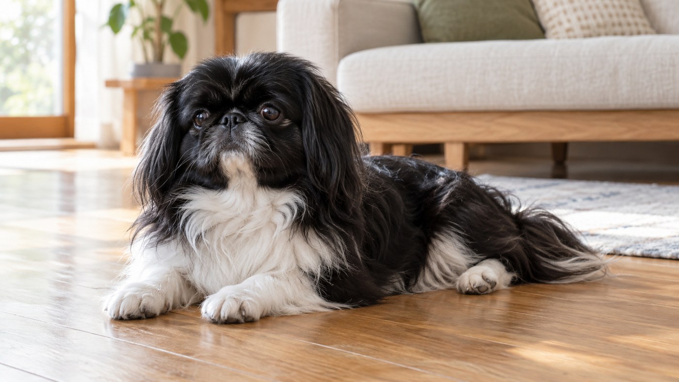 明るいリビングの木の床で伏せている、黒と白の長い毛で、丸い顔と垂れ耳の大人の小型犬のイメージの絵
