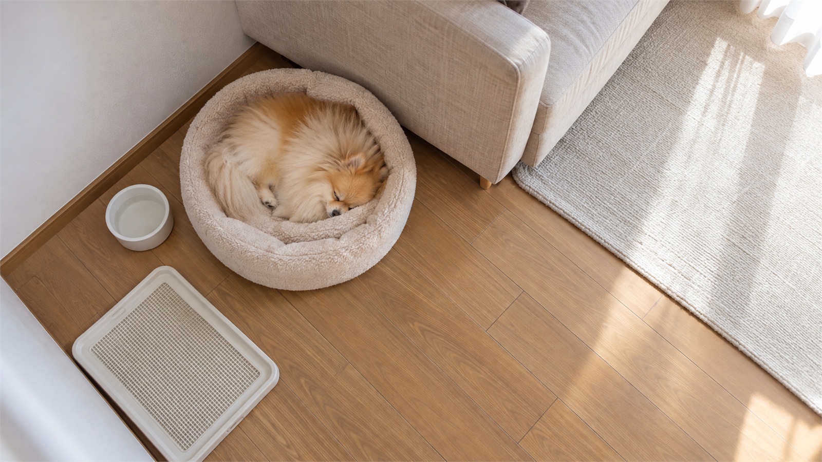 リビングの寝床で眠っているポメラニアンを、部屋の隅に置いた見守りカメラの位置から見下ろすように写した写真。そばに水の器とトイレトレーがある