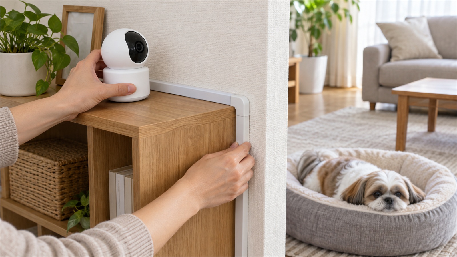 リビングの壁際で、人の手が無地の見守りカメラを棚の上に固定し、電源コードを壁に沿わせたカバーの中に収めている手元と、少し離れた寝床で伏せているシーズーの写真。人の顔は写っていない