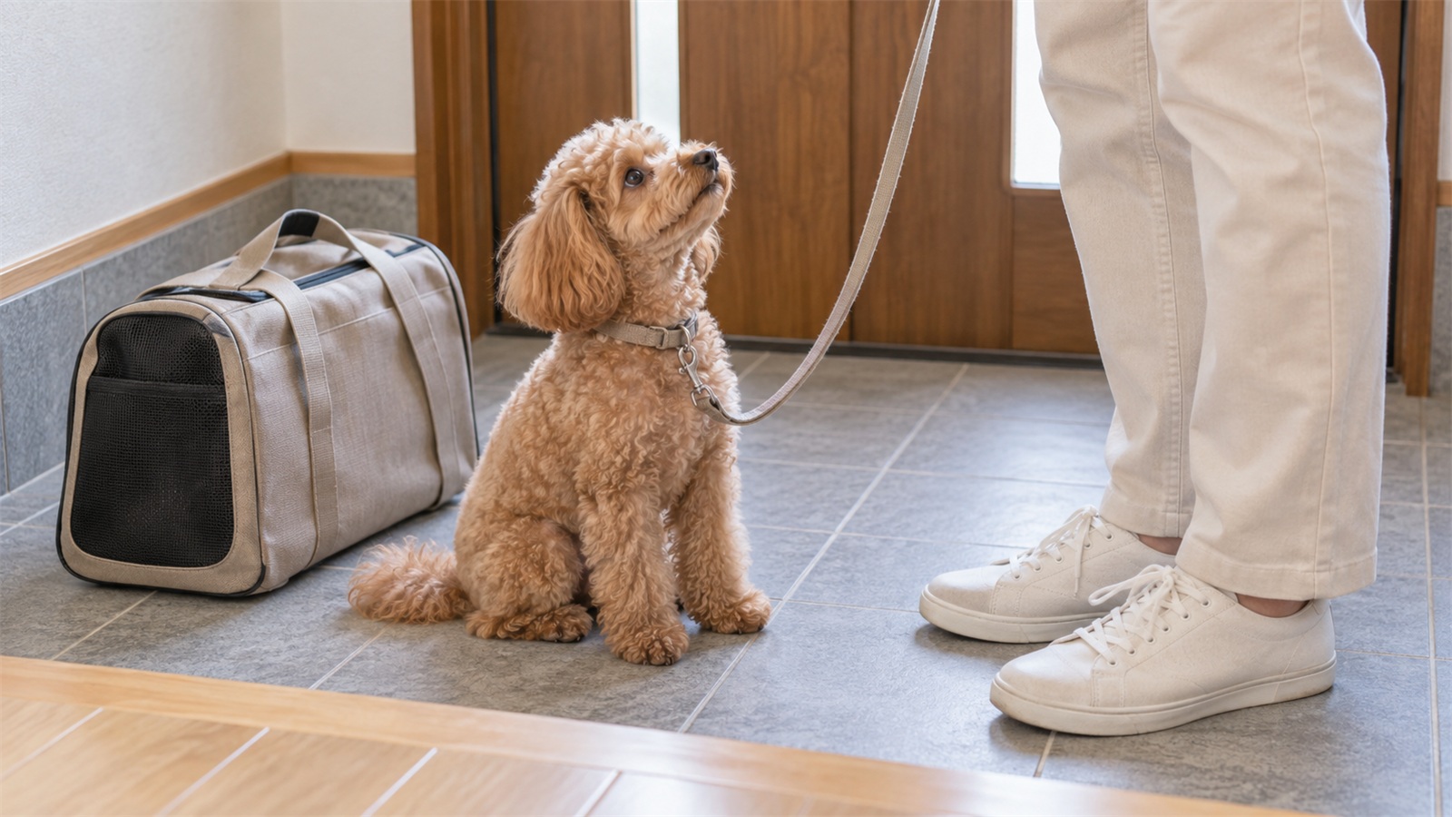 玄関の土間で、無地の布製キャリーバッグの横にリードを付けておすわりをして飼い主を見上げているアプリコットのトイプードルと、立っている飼い主の足元の写真。人の顔は写っていない