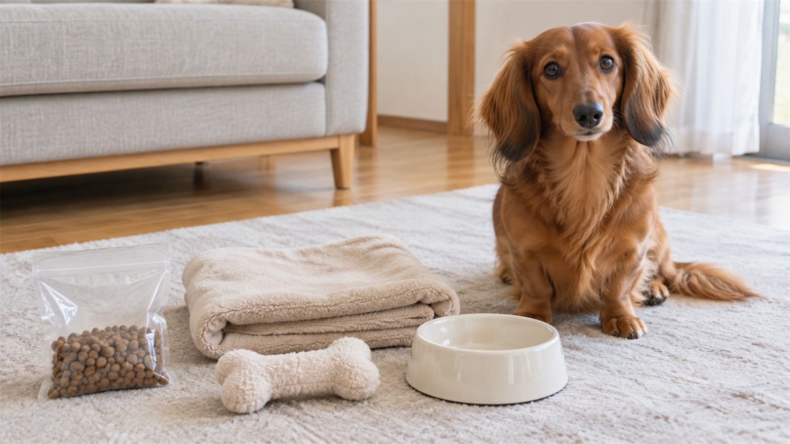 リビングの床に、小分けにしたドライフードの透明な袋、無地の毛布、無地の犬用おもちゃ、無地の食器が並べて置かれ、その横でレッドのミニチュアダックスフンドがおすわりをしている写真。文字は写っていない