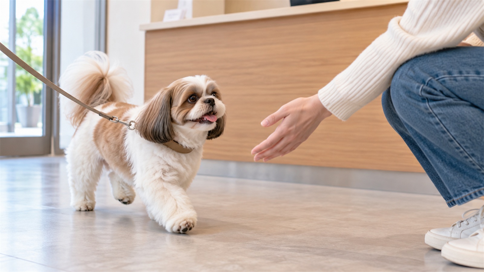 明るい室内の受付のそばで、リードを付けた白と茶のシーズーがしっぽを上げて飼い主の足元へ歩み寄っていて、しゃがんだ飼い主の手が迎えている写真。人の顔と看板の文字は写っていない