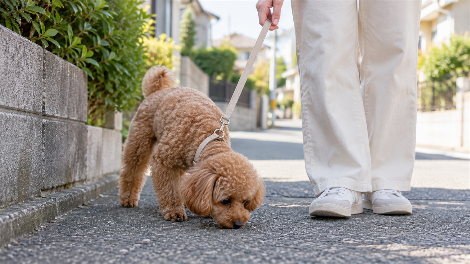 住宅街の歩道で、リードを付けたトイプードルの子犬が地面に鼻を近づけてにおいを嗅いでいて、飼い主がリードを短く持って横に立っている足元の写真