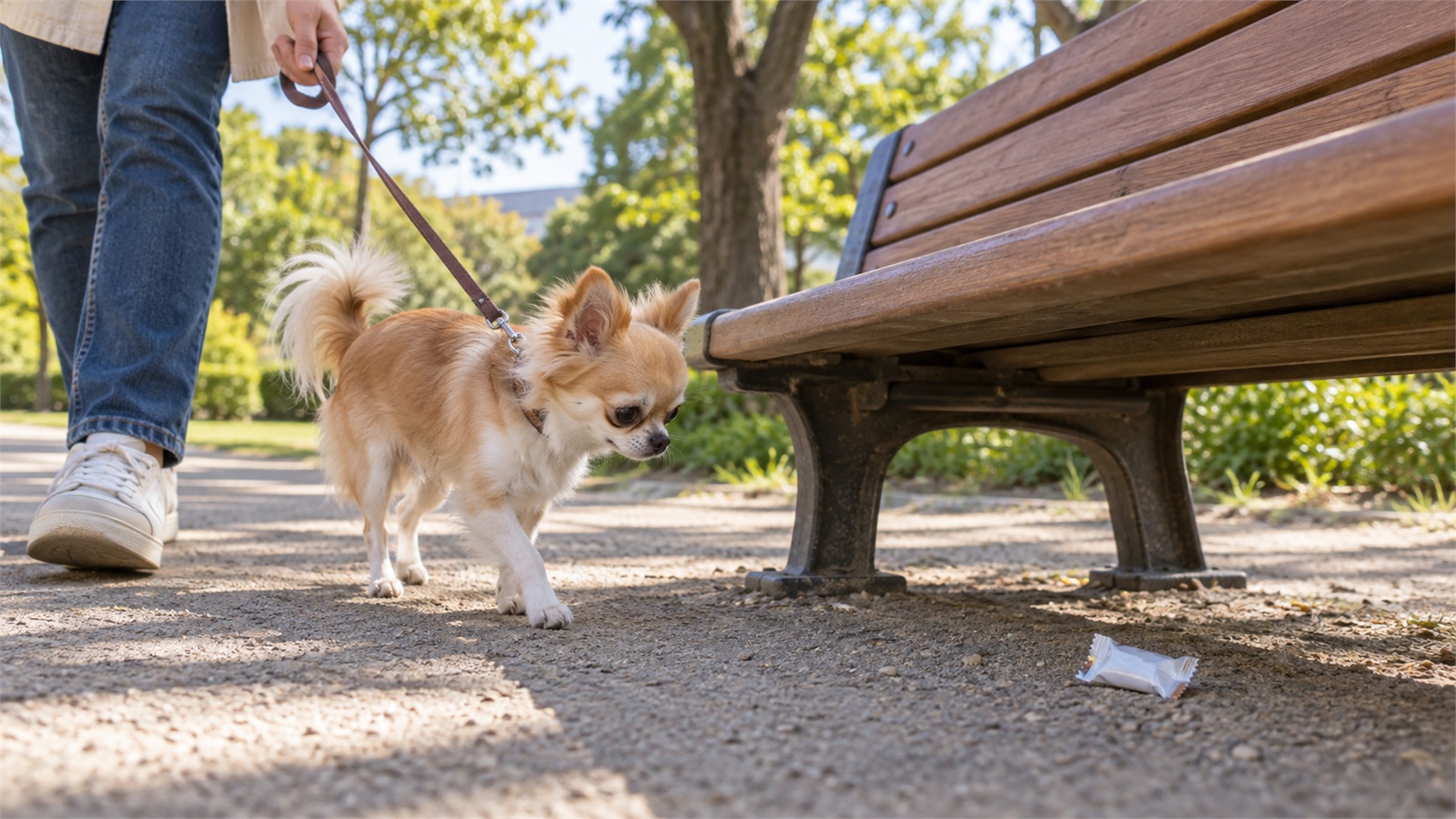 公園のベンチの下に菓子の包み紙が落ちていて、そのそばを、飼い主がリードを短く持ったチワワがベンチのほうを見ながら通り過ぎていく写真。犬は口に何も入れていない