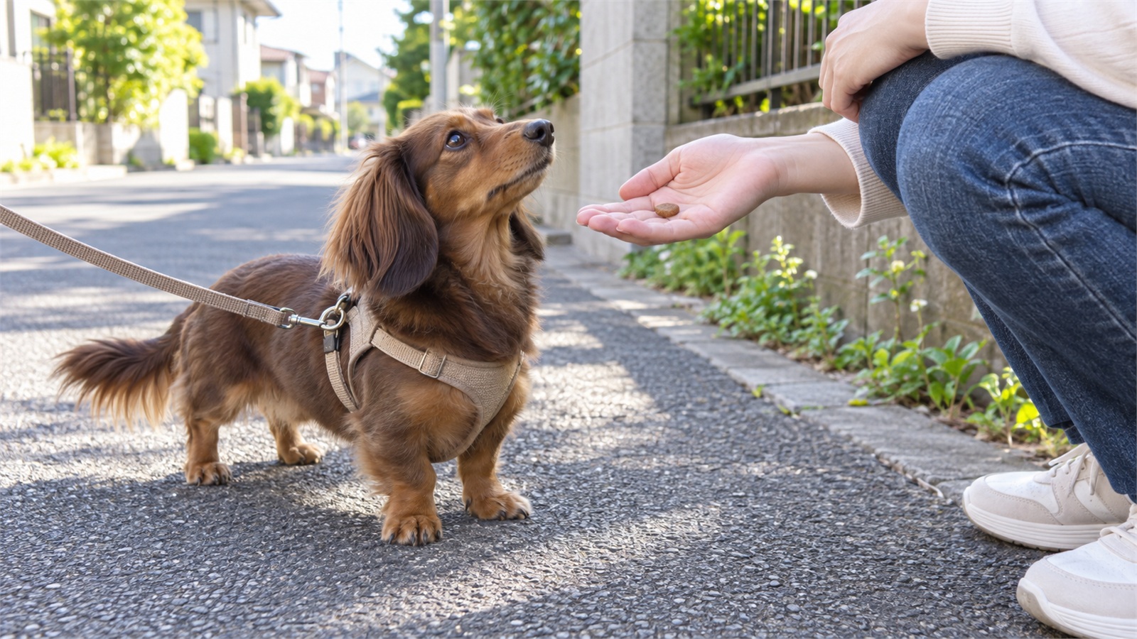 朝の住宅街の歩道で、ハーネスとリードを付けたミニチュアダックスフンドが立ち止まって飼い主の顔のほうを見上げていて、飼い主がしゃがんで手のひらのおやつを差し出している手元の写真