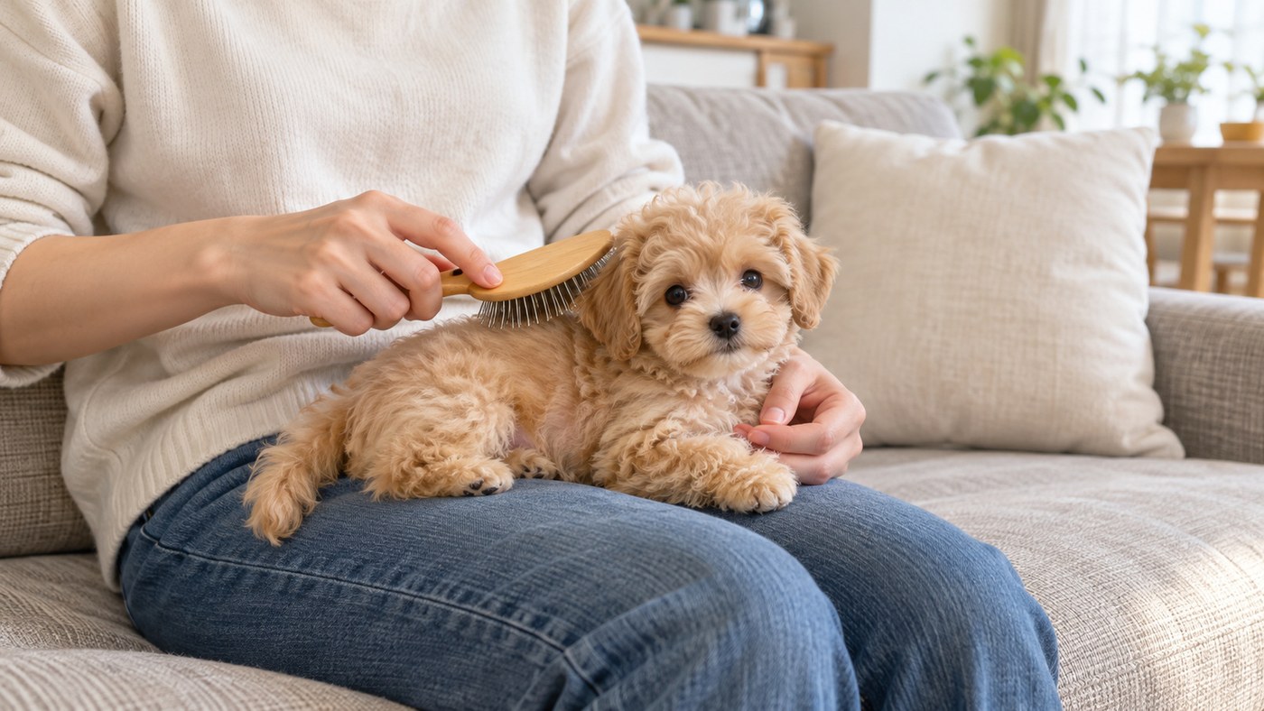 リビングのソファで、人のひざにのった巻き毛の小型犬の子犬が、木の柄のブラシで毛をとかしてもらっている様子