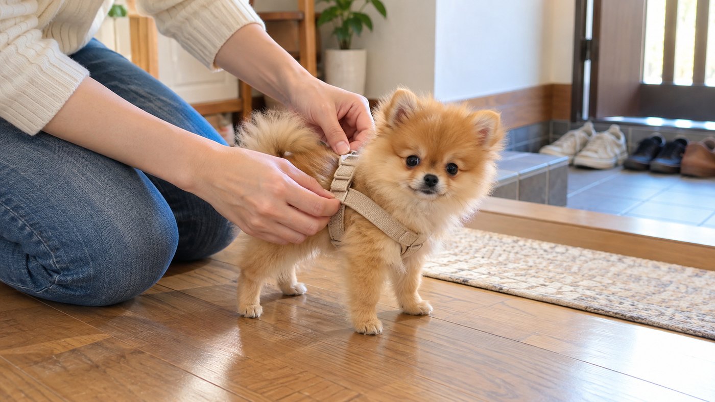玄関の木の床で、しゃがんだ人の手が、耳の立った小さな子犬の胴にベージュのハーネスをかけているイメージの写真