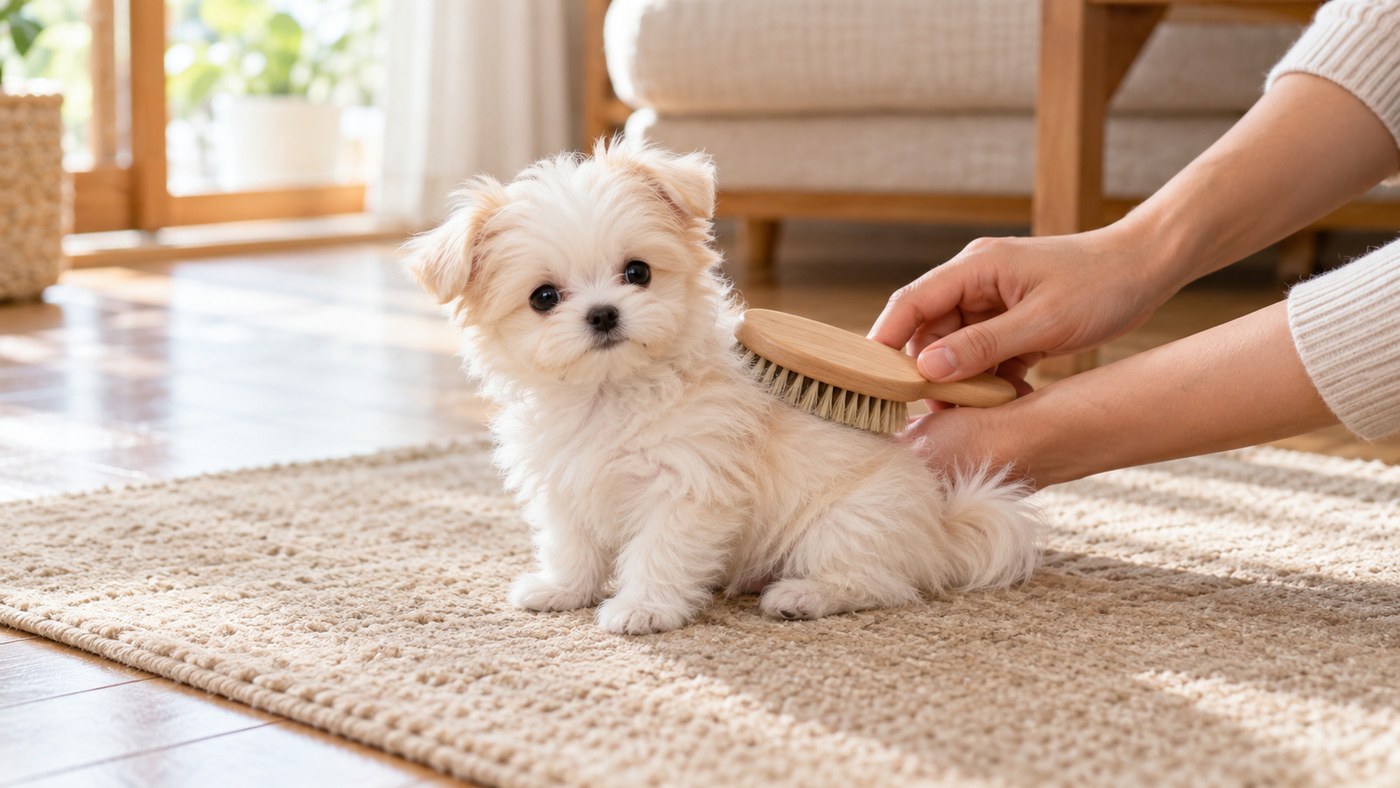 ベージュの敷物の上に座った白っぽいふわふわの子犬の背中を、人の手が木のブラシでとかしている絵