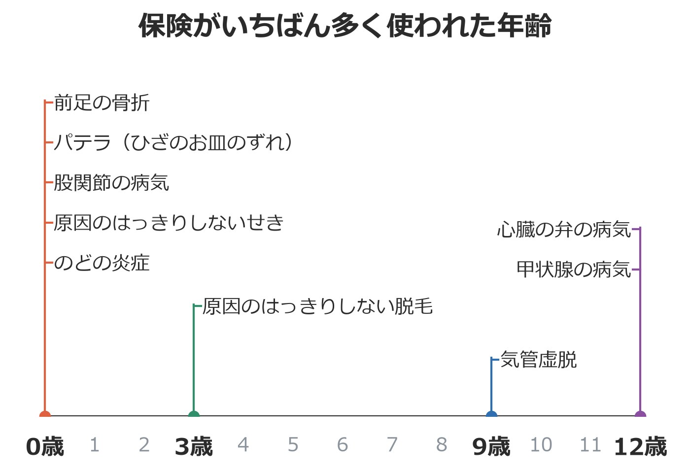 0〜12歳の年齢の線の上に病気を並べた図。0歳に前足の骨折やパテラなど5つ、3歳に脱毛、9歳に気管虚脱、12歳に心臓の弁の病気と甲状腺の病気