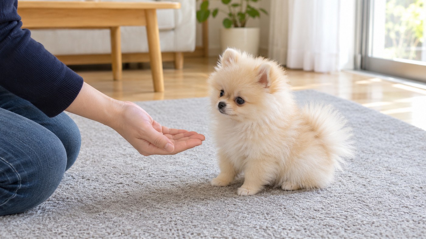 明るいリビングの灰色のラグの上で、差し出された人の手を見ている、クリーム色のふわふわの毛の小さな子犬のイメージ写真