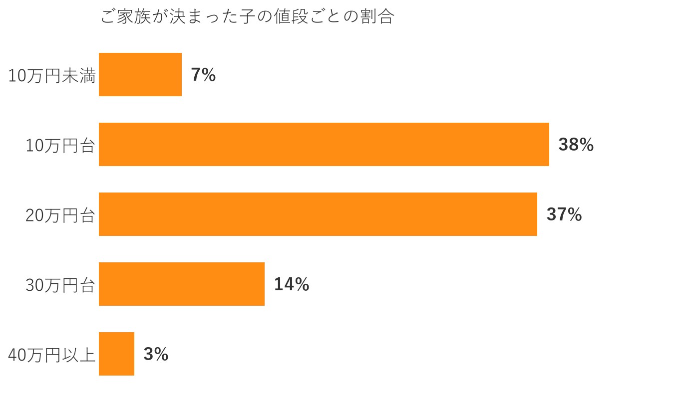 当犬舎でご家族が決まったポメラニアンを値段の帯ごとに分けた割合の横棒グラフ。10万円台が38%、20万円台が37%で多い