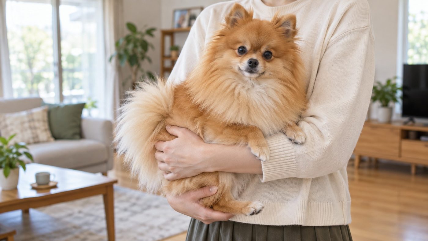 明るいリビングで、大人のポメラニアンを人が両腕で抱えている様子。人の顔は写っていない