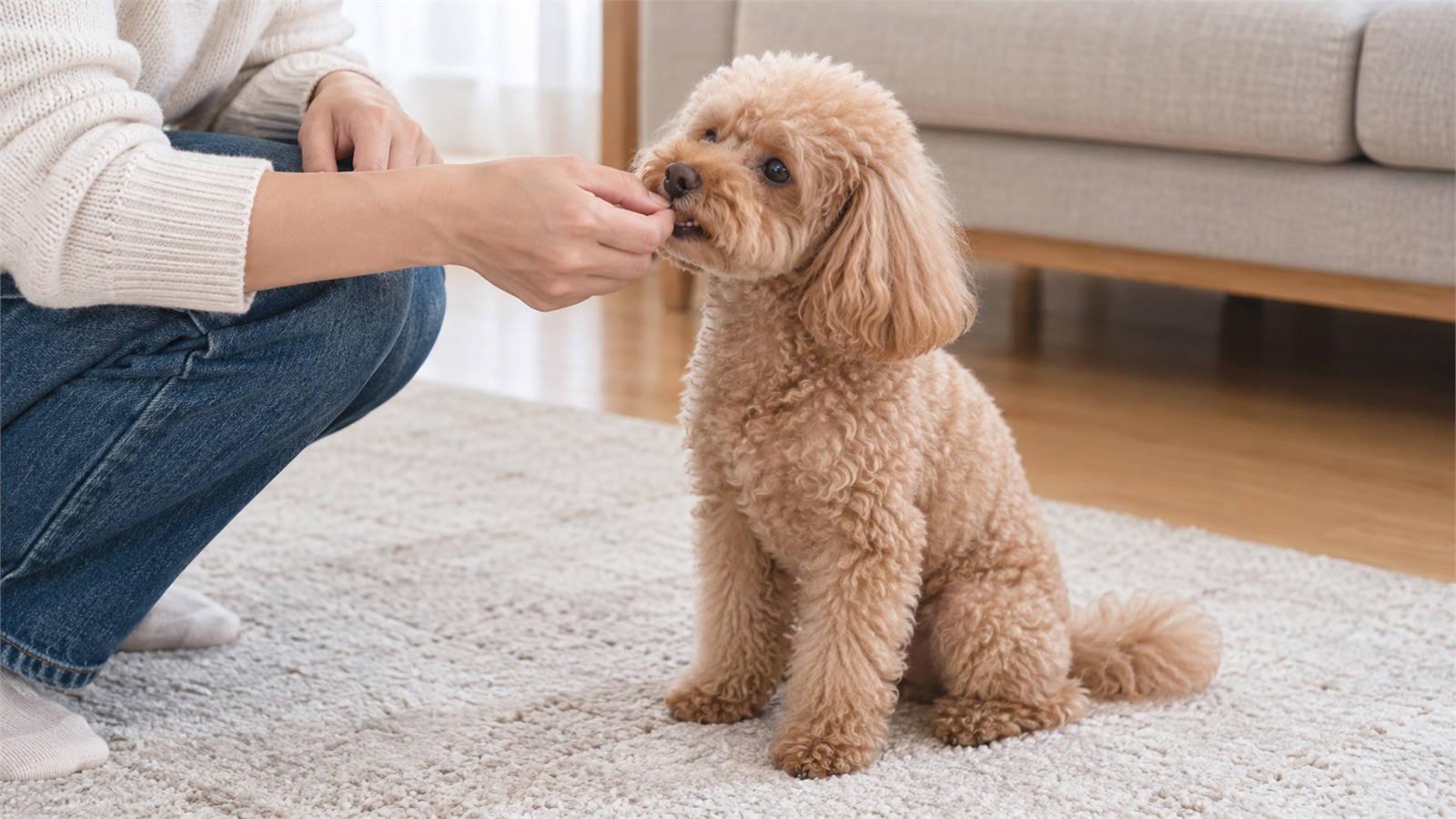リビングのラグの上でおすわりをしているアプリコットのトイプードルの口元に、しゃがんだ飼い主が指先で小さなおやつを渡している瞬間の手元の写真。人の顔は写っていない