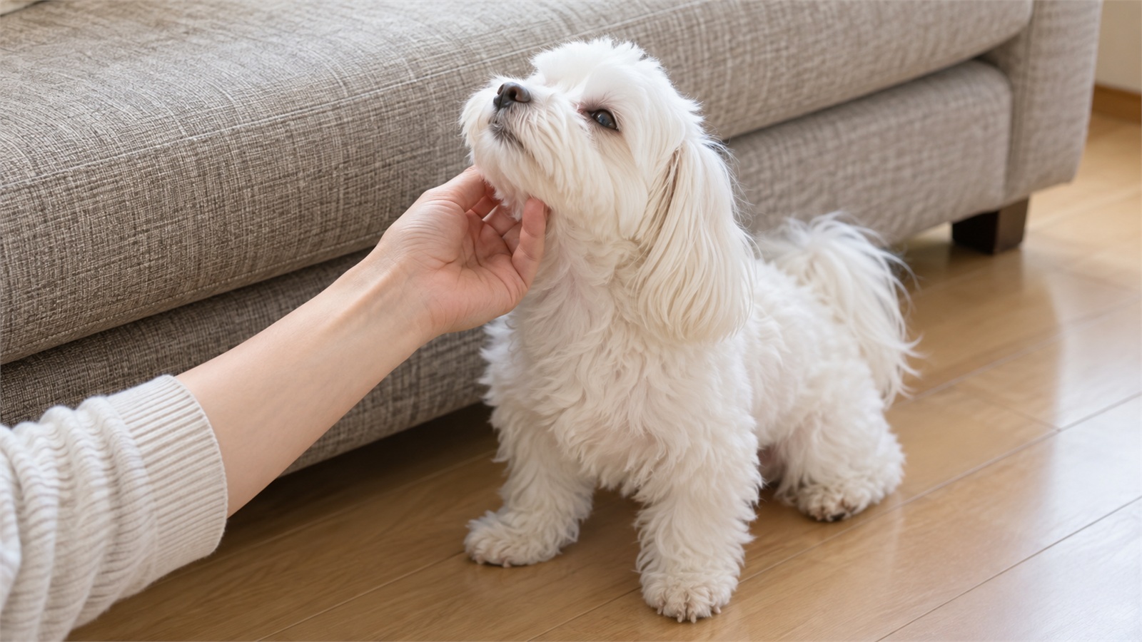 ソファのそばの床で、飼い主の手がマルチーズのあごの下をやさしくなでていて、マルチーズが上を向いている写真。人は手と腕だけが写っている