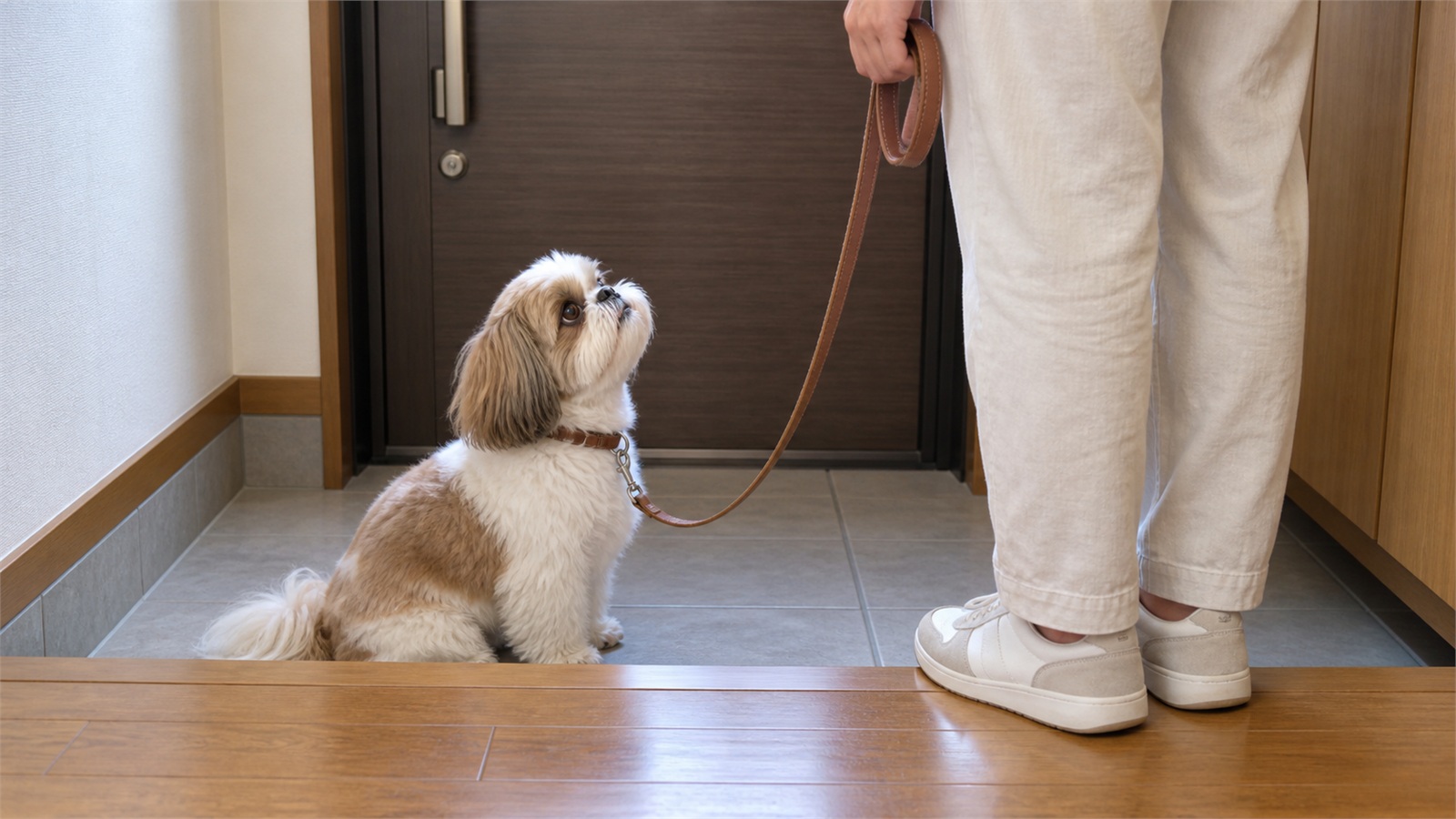 玄関の土間でリードを付けておすわりをし、飼い主を見上げている白と茶のシーズーと、リードを手に持って立っている飼い主の足元の写真。ドアはまだ閉まっている