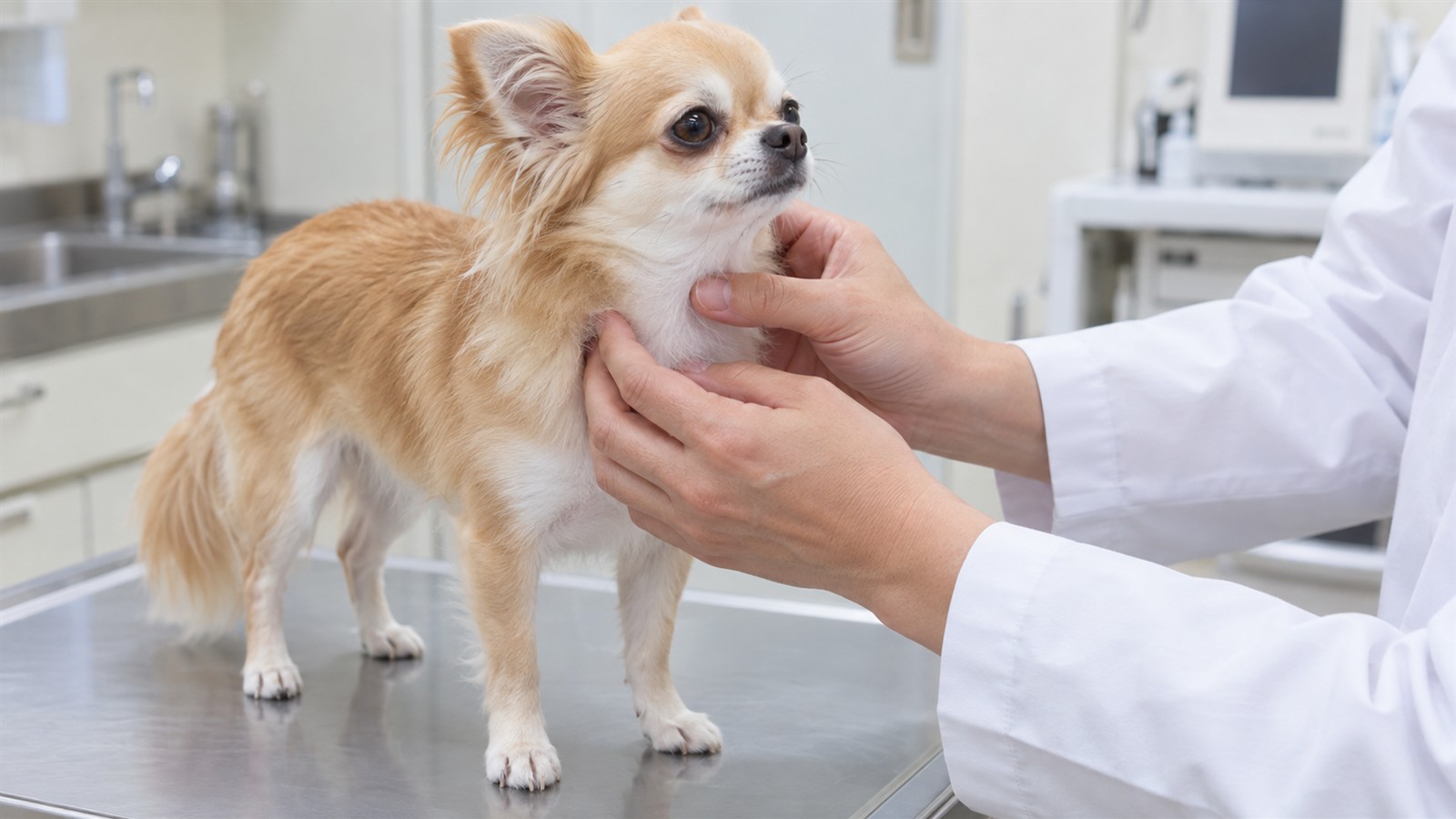 動物病院の診察室で、診察台の上に立っているチワワの喉のあたりに、白衣の獣医師がそっと手を当てて診ている手元の写真