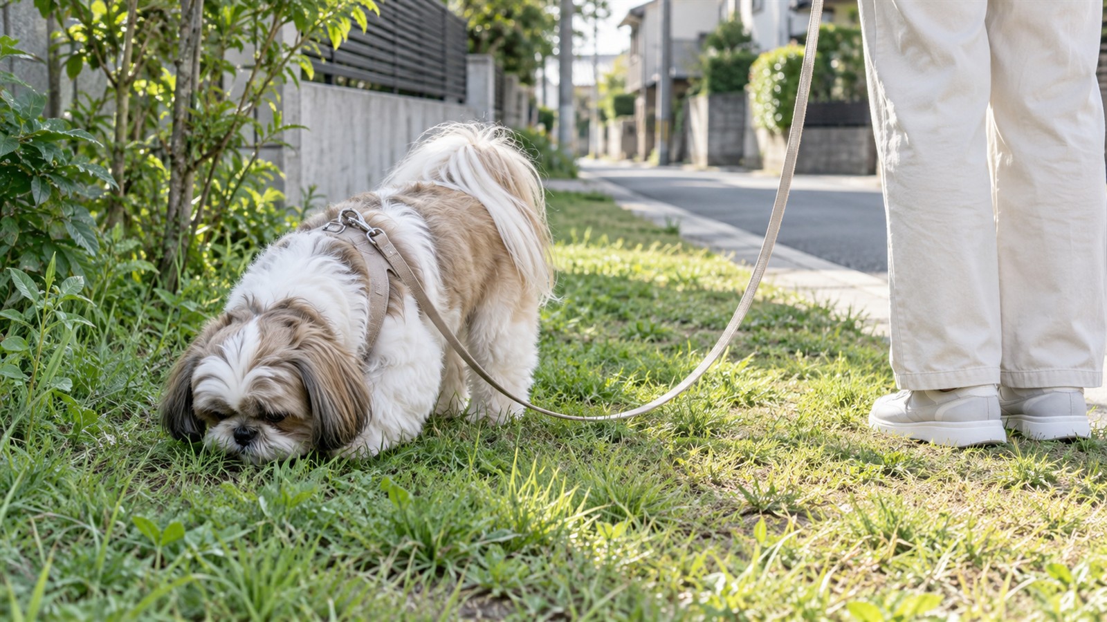 住宅街の静かな道の草むらで、リードをたるませたまま、人がそばに立って待つあいだ地面のにおいを嗅いでいるシーズーの写真
