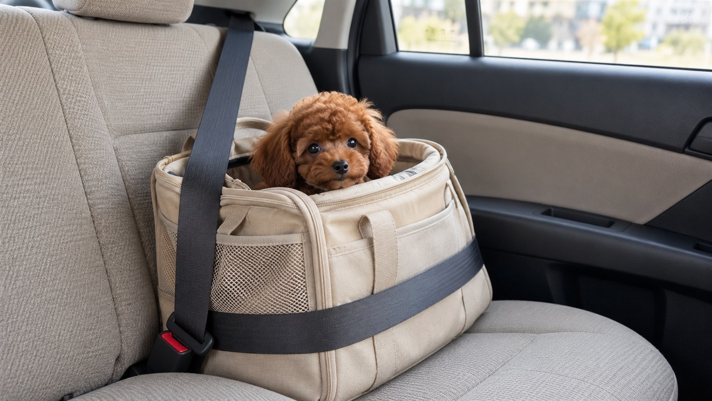 車の後部座席にシートベルトで固定された布のキャリーから、トイ・プードルの子犬が顔を出している絵
