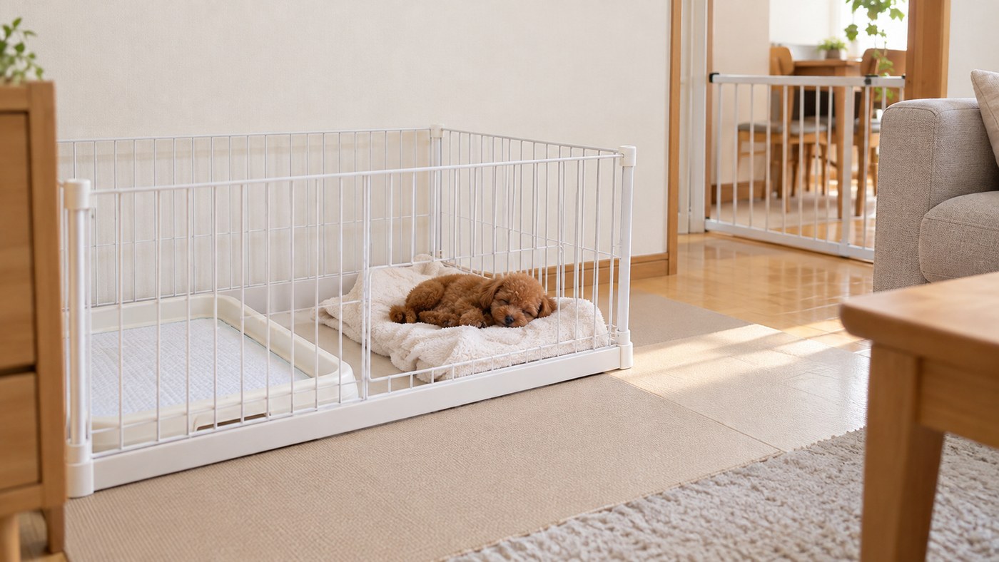 リビングの白いサークルの中で、タオルの寝床に眠るトイ・プードルの子犬の絵。離れた側にトイレトレー、奥の入口にゲートがある