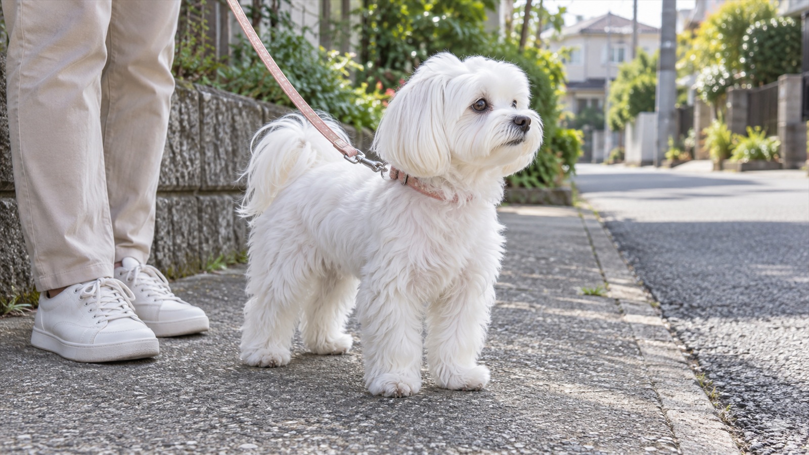 住宅街の歩道で、リードを付けたマルチーズが立ち止まって遠くを見ている写真。飼い主の足元だけが写っていて、人の顔は写っていない