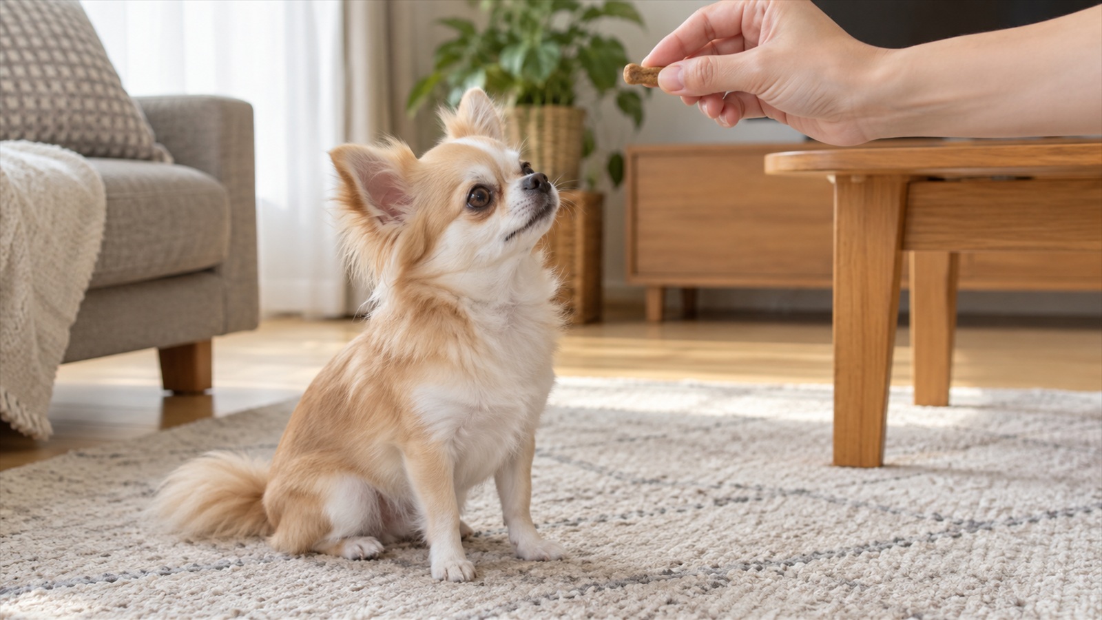 リビングの床で、おやつを持った手の前に座って顔を上げているチワワの写真。人の顔は写っていない