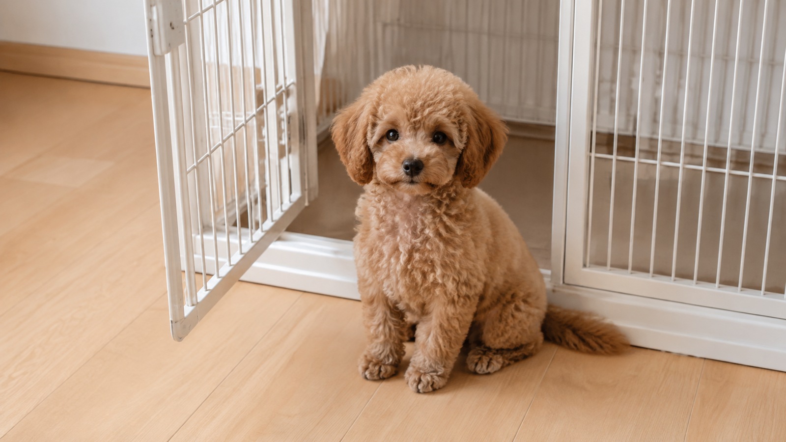 サークルの扉が開いた前でおすわりして待っているトイプードルの子犬の写真