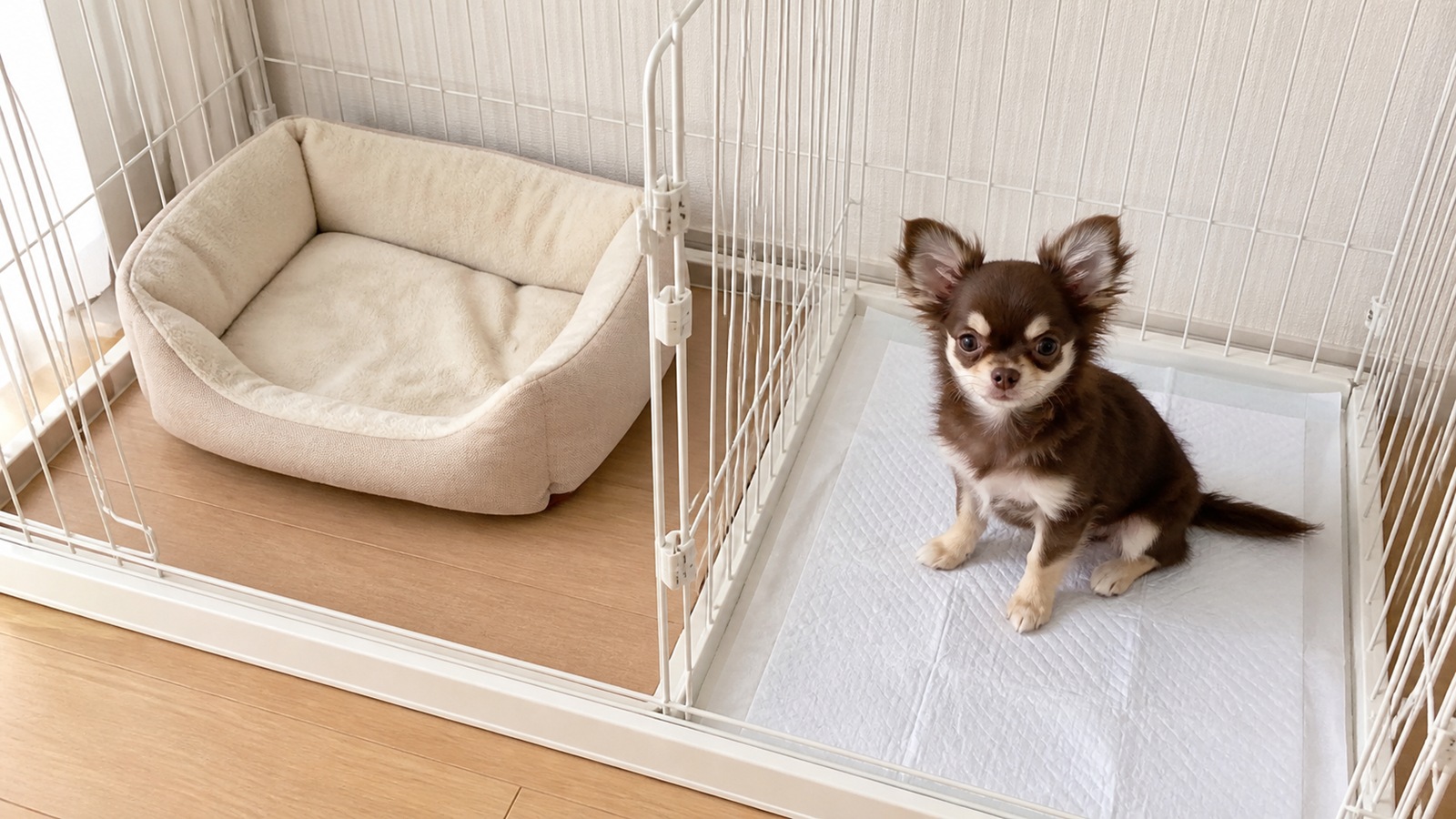 寝床とトイレを分けたサークルの中で、シートの上に座っている子犬の写真