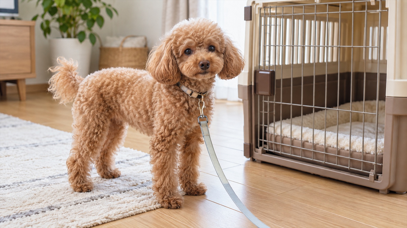 室内の床に置かれた犬用のクレートのそばに、リードを付けたトイプードルが立っている写真。人は写っていない