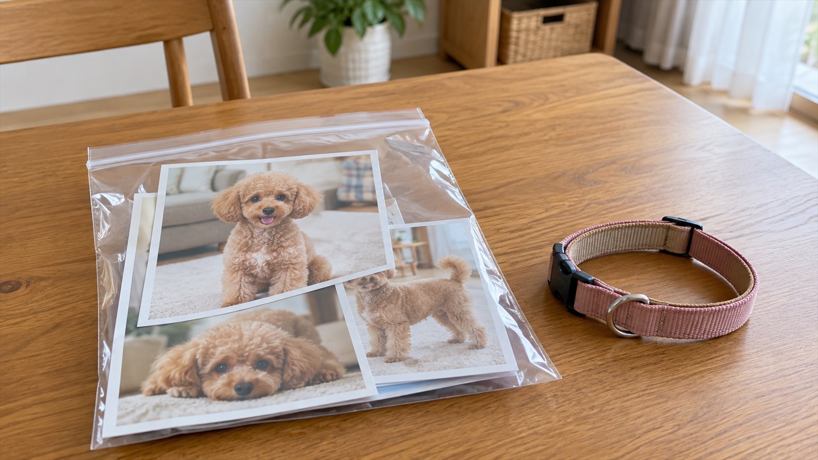 室内のテーブルに、透明の袋に入れた犬の写真が数枚と、犬用の首輪が置かれている写真。人は写っていない