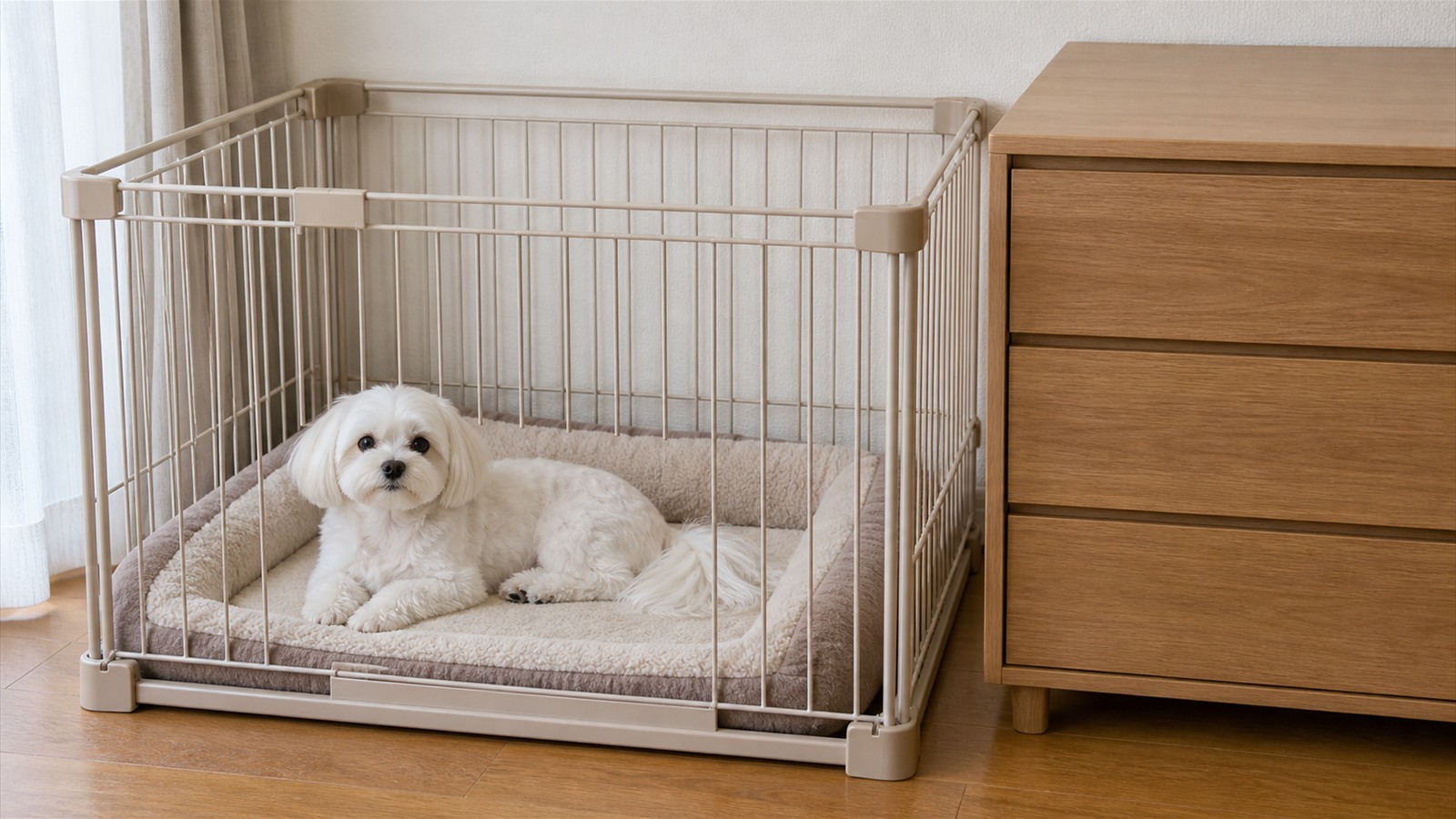 室内の壁ぎわで、上に物が置かれていない固定された家具のそばに犬用のサークルが置かれている写真。中にマルチーズが伏せている