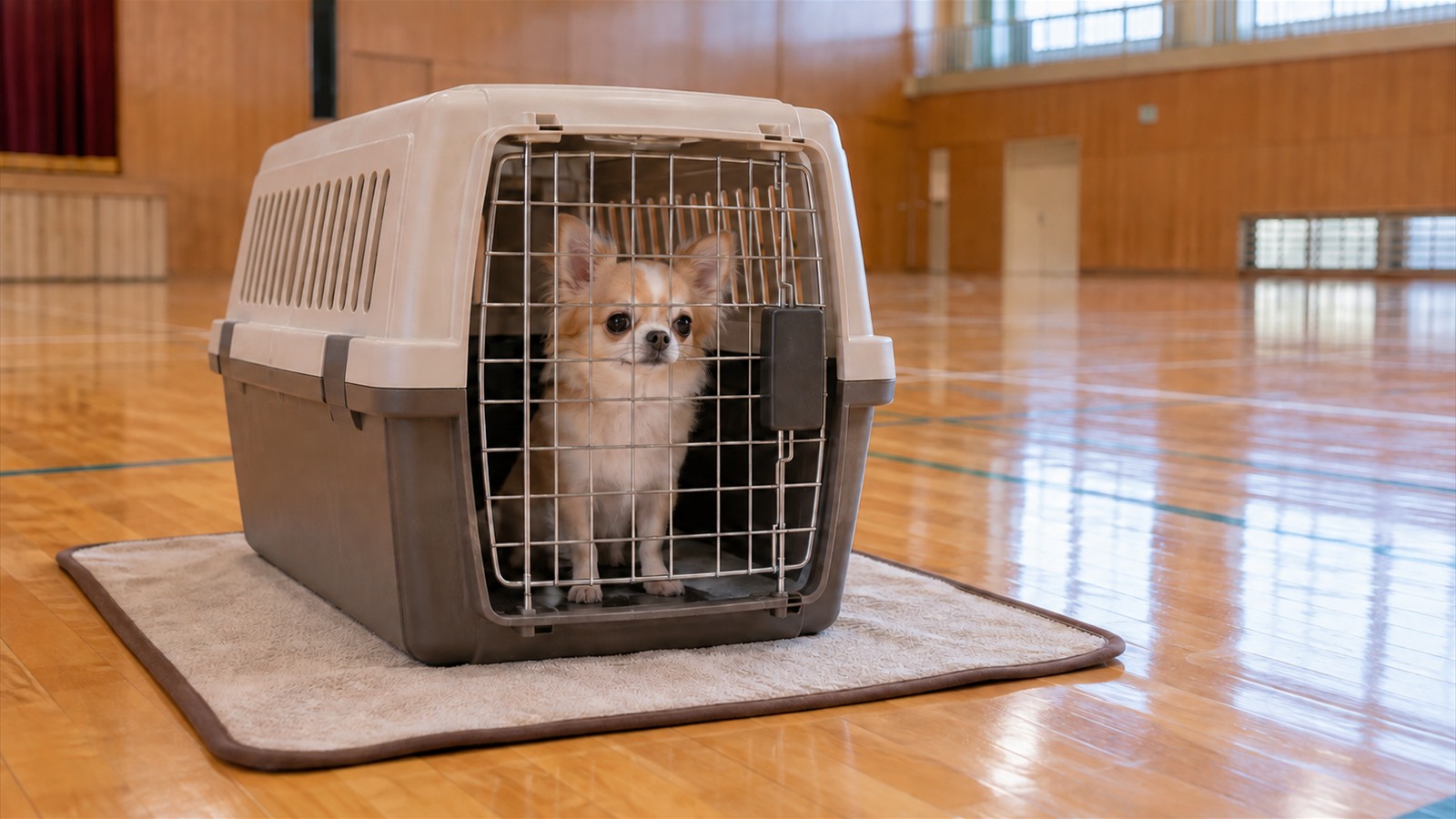 学校の体育館のような広い屋内で、床に敷いたマットの上に置かれた犬用クレートの中から外を見ているチワワの写真。人の顔は写っていない