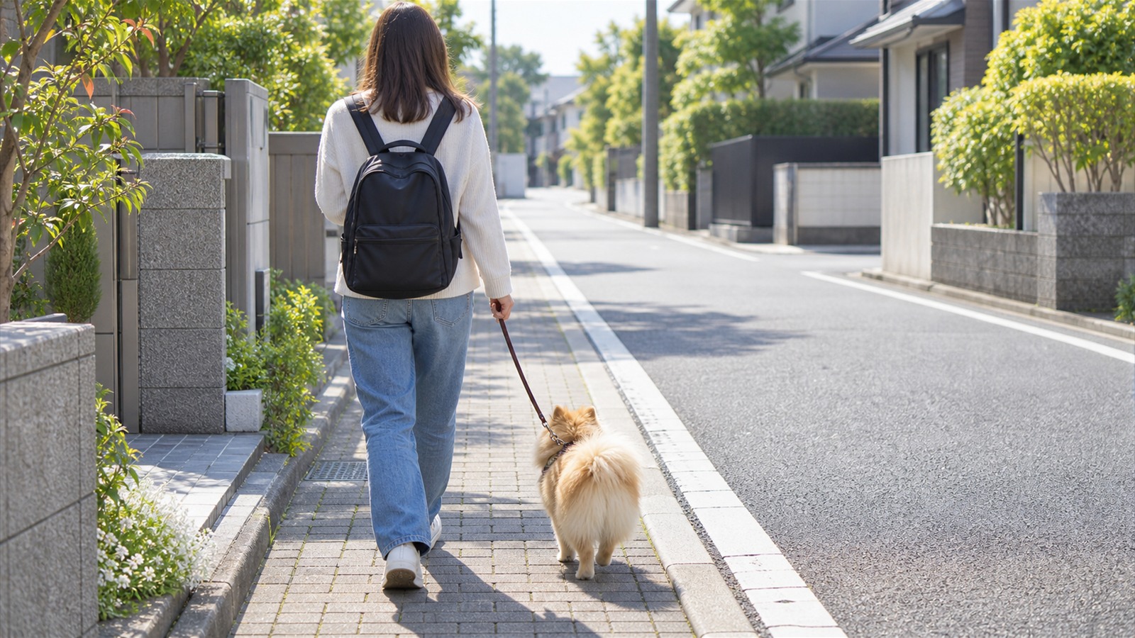住宅街の歩道で、リュックを背負った人が、リードを付けたポメラニアンと一緒に歩いている写真。人の顔は写っていない
