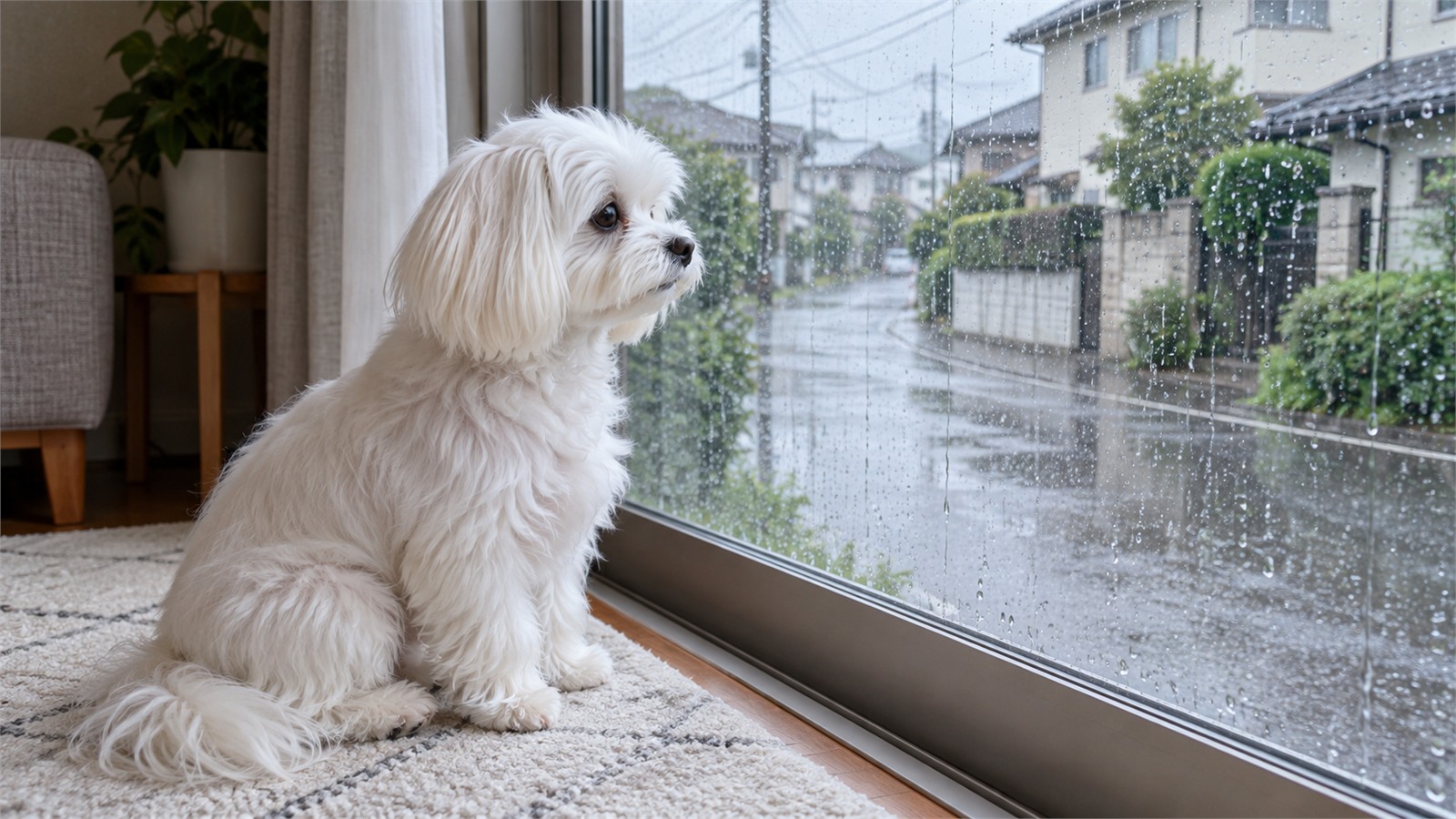 雨が降る住宅街の道路を、室内の窓ごしに見ている様子の写真。窓辺にマルチーズが座っている。人は写っていない