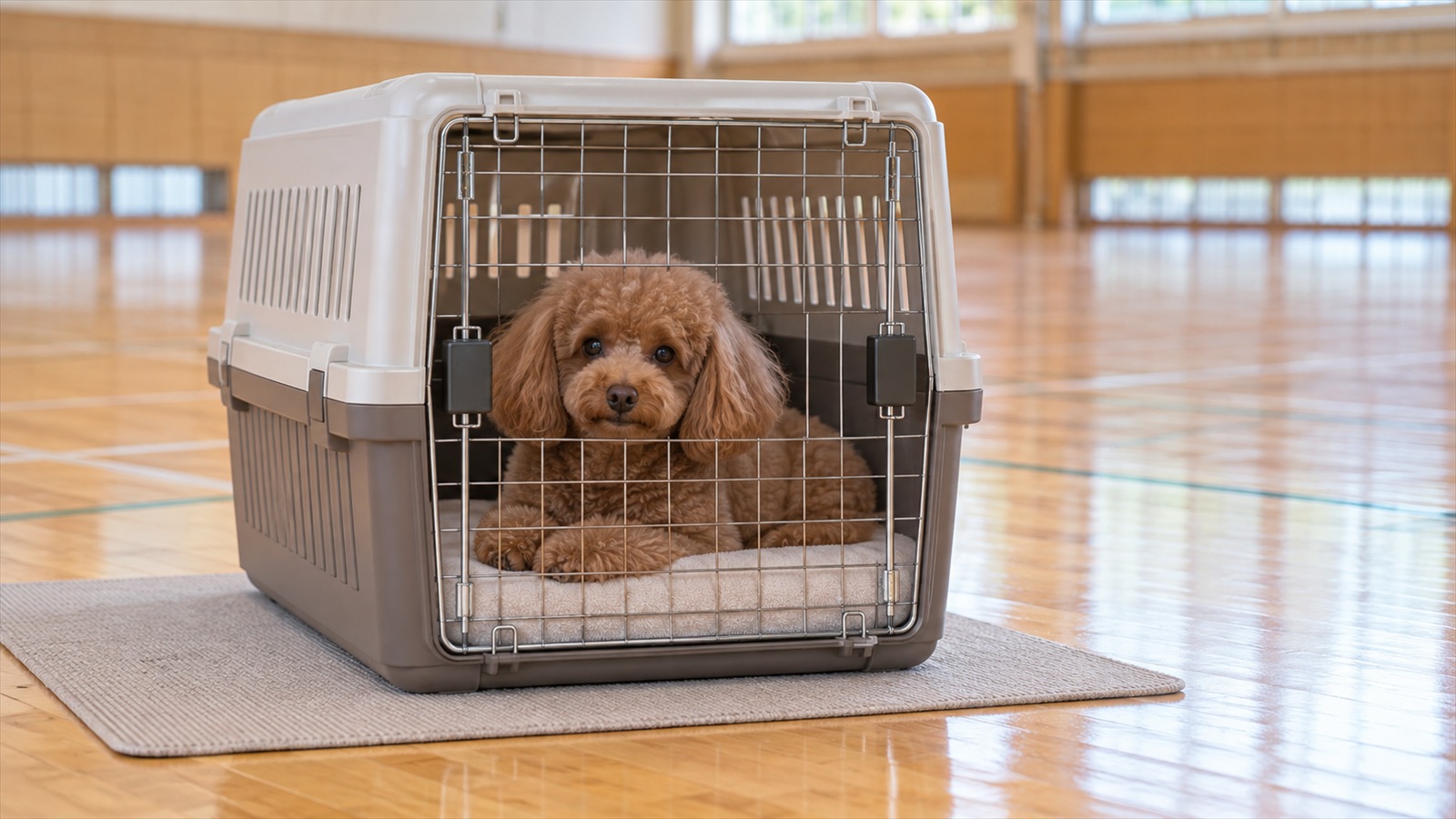 体育館のような広い屋内の床にマットを敷き、その上に置かれた犬用クレートの中で伏せているトイプードルの写真。人は写っていない