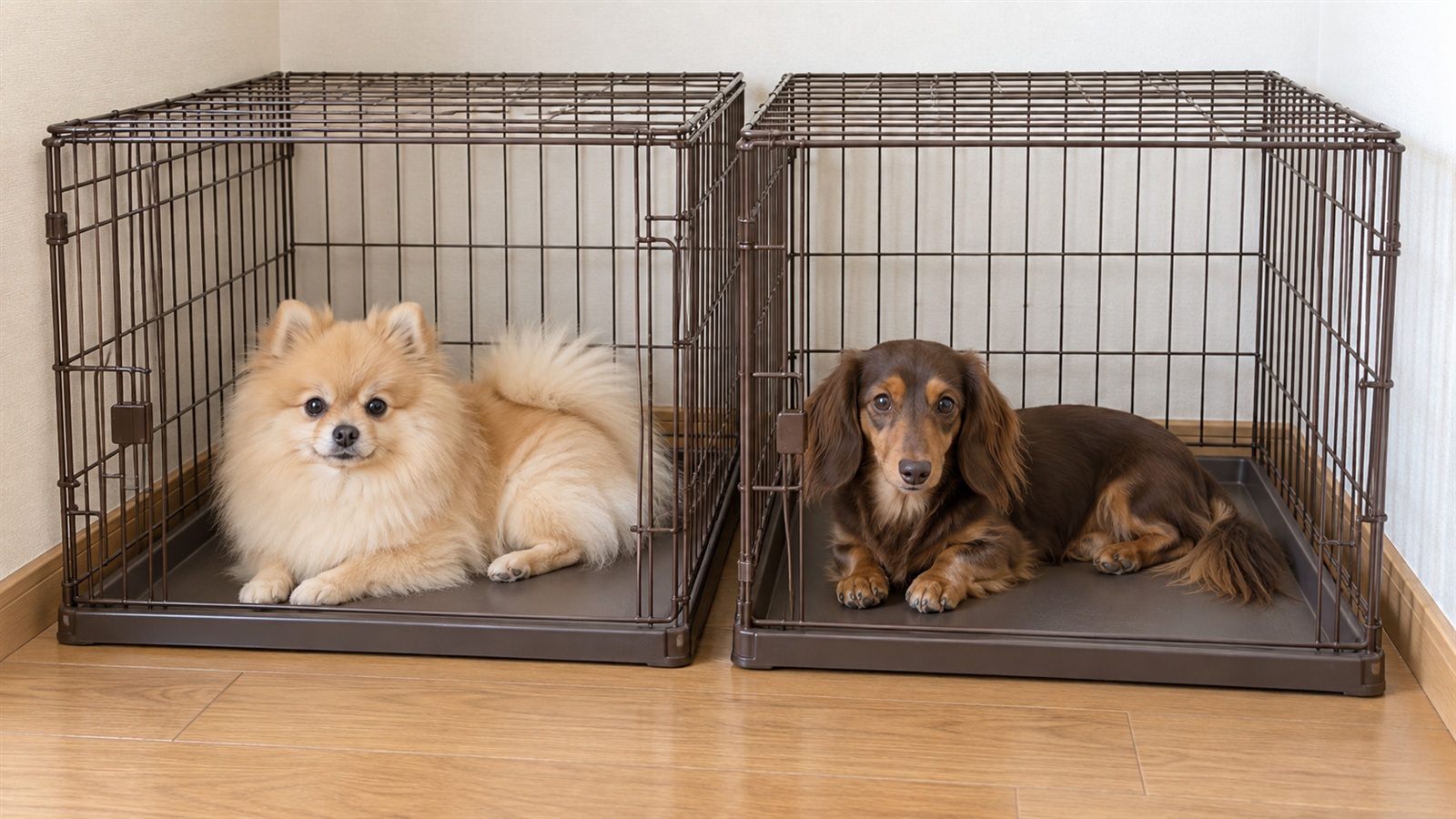 室内の壁ぎわに犬用のサークルが2つ並べて置かれ、その中でポメラニアンとミニチュアダックスフンドがそれぞれ伏せている写真。人は写っていない