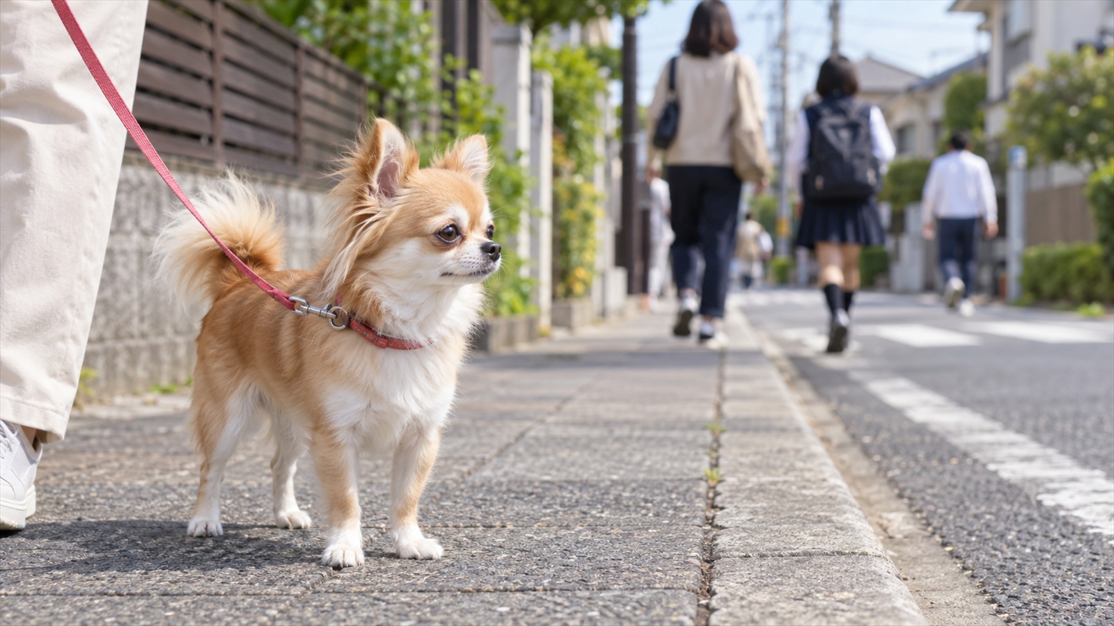 住宅街の歩道で、リードを付けたチワワが人通りのあるほうを落ち着いて見ている写真。人の顔は写っていない