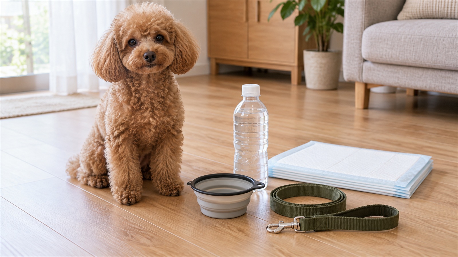 室内の床に並べられた犬用の防災用品（水のボトル、折りたたみの食器、リード、ペットシーツ）と、その横に座っているトイプードルの写真。人は写っていない